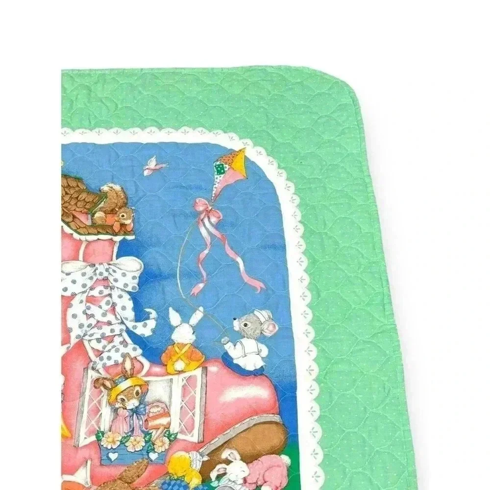 Vintage Mother Goose Nursery‎ Rhyme Baby Blanket Green OS Excellent Quilted - Picture 4 of 11